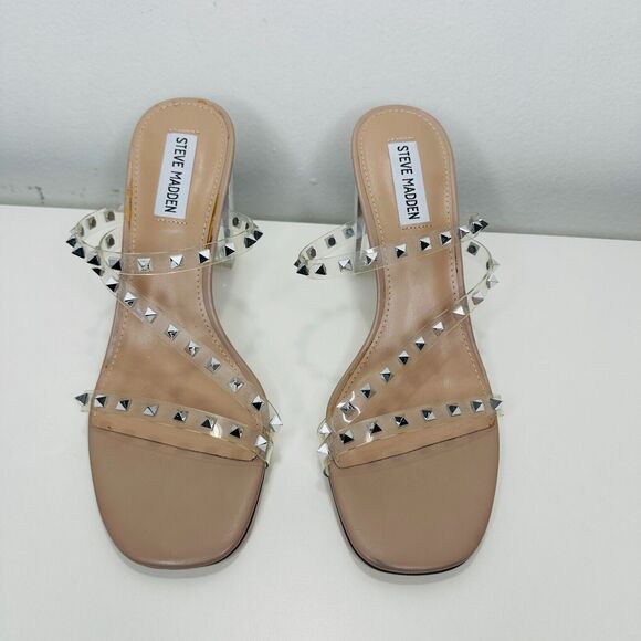 Steve Madden Nude Lucite Tangent Cone Heel Clear Silver Studded Strappy Sandal 9 - Picture 2 of 16